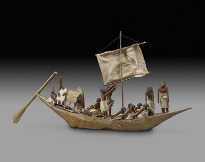 Modèle de bateau de guerre avec voile, rames et 14 figures, 9e-11e dynastie (c.2125-1940) - Egyptian